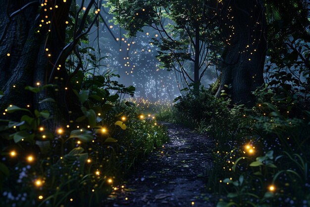 Encantador sendero forestal iluminado por luciérnagas