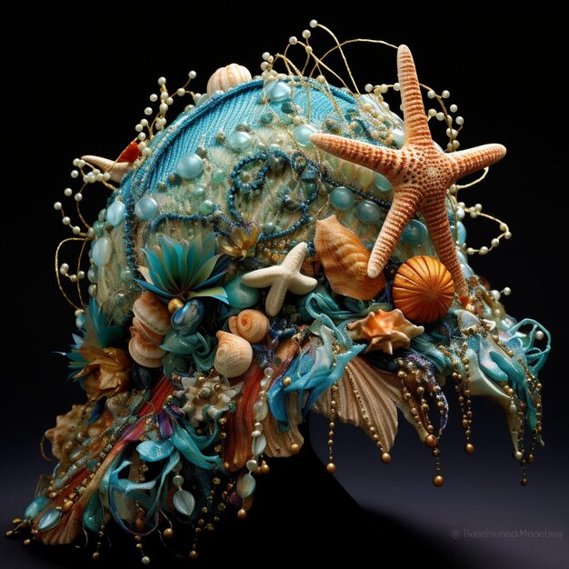 Encantador sombrero inspirado en la sirena adornado con conchas marinas perlas y estrellas de mar