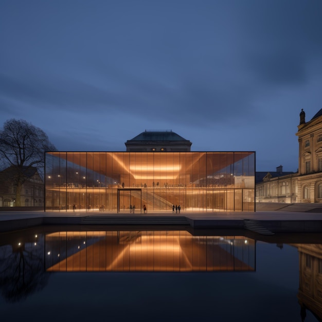 Foto el encantador teatro de la ópera minimalista de praga una obra maestra del crepúsculo que combina el vidrio de iluminación moody