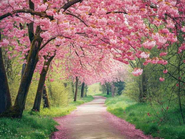 Encantador túnel de flores de cerejeira sobre um caminho sereno