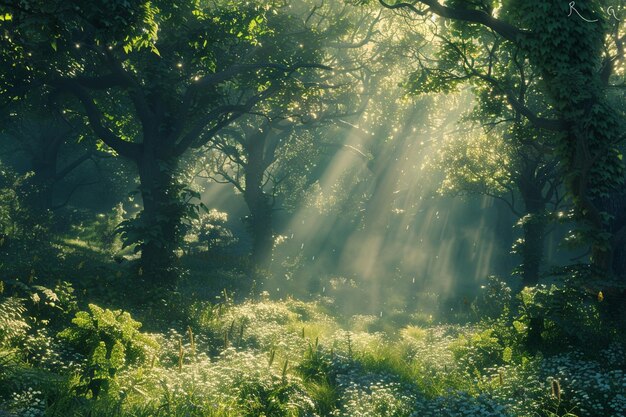 El encantador valle del bosque con la luz del sol que fluye