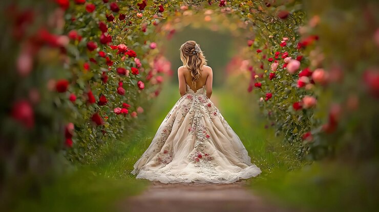 Un encantador vestido floral en un entorno de cuento de hadas en un jardín sereno