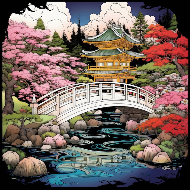 Encantador viaje multicolor explorando un jardín japonés con un pequeño puente y un templo en Utamaro