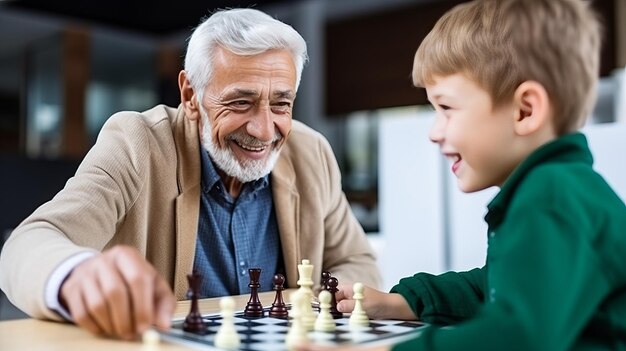 Encantador vínculo generacional El abuelo sonriente mueve estratégicamente el peón con el nietoAR 169