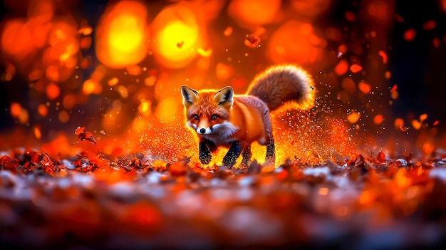 El encantador zorro rojo camina entre las hojas de otoño en el resplandor del bosque