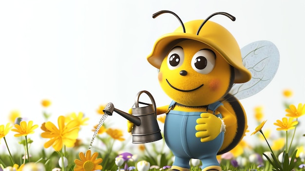 Una encantadora abeja 3D con guantes de jardinería y sosteniendo un riego listo para cuidar la belleza de la naturaleza Perfecto para entusiastas del jardín y material educativo para niños
