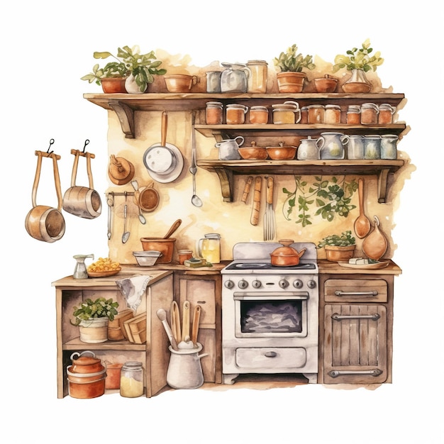 Encantadora acuarela Cottagecore Gabinete de cocina Clipart Abraza el encanto mágico del conde rústico