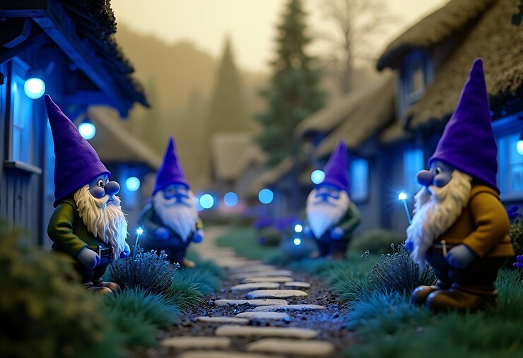 Foto encantadora aldeia de gnomos com luzes brilhantes