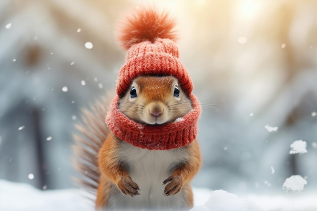 Una encantadora ardilla con un sombrero rojo de invierno y una bufanda