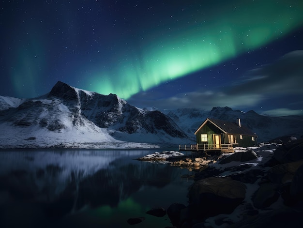 La encantadora aurora boreal sobre la cabaña junto al lago en invierno