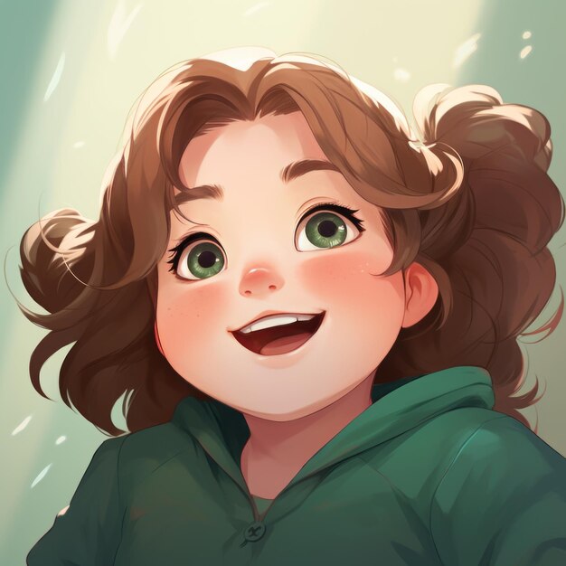 Foto la encantadora aventura de rosie un personaje de anime jolly plump con ojos verdes esmeraldas abrazando