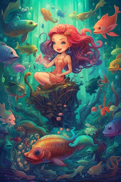 Encantadora aventura subaquática com linda pequena sereia em pintura digital estilo cômico