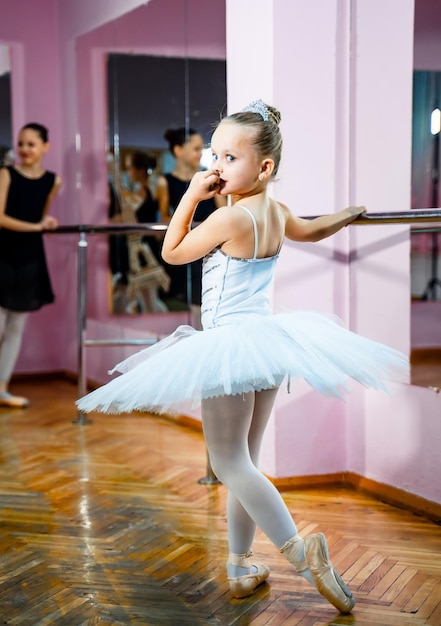 Una Rubia Bailarina Adulta Y Una Niña Pequeña En Nadadores Negros; Medias  Blancas Y Pointes Se Sientan En Una Cuerda Y Se Estiran Frente A Un Ballet  En Un Estudio De Danza