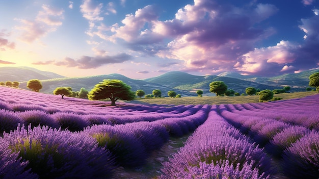 Foto la encantadora belleza de un vasto campo de lavanda capturada en una obra maestra de gran ángulo