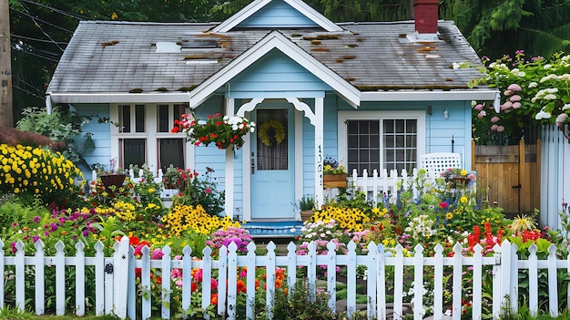 Una encantadora cabaña azul con una valla blanca y una profusión de flores de colores en el patio delantero