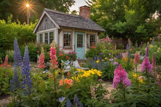 Encantadora cabaña de jardín con vibrantes cobertizos de flores