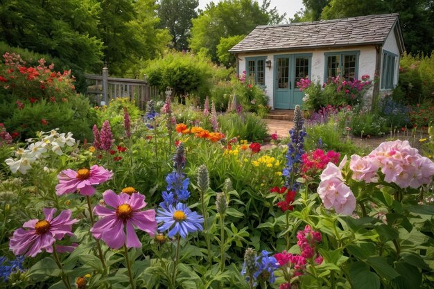 Encantadora cabaña de jardín con vibrantes cobertizos de flores