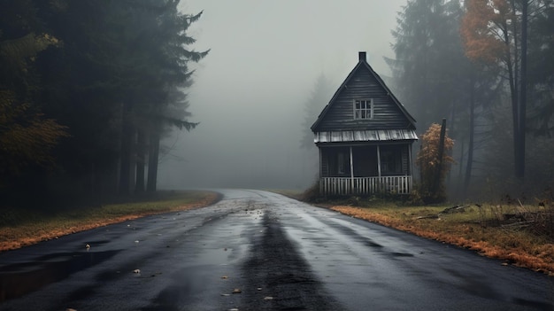 Encantadora cabaña de madera en un camino sereno en el bosque