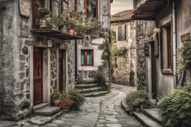 Encantadora calle adoquinada en un pueblo pintoresco IA generativa