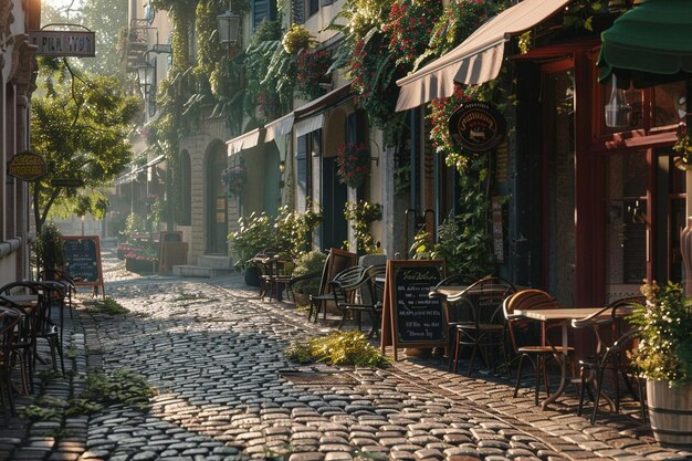 Una encantadora calle de adoquines bordeada de cafés