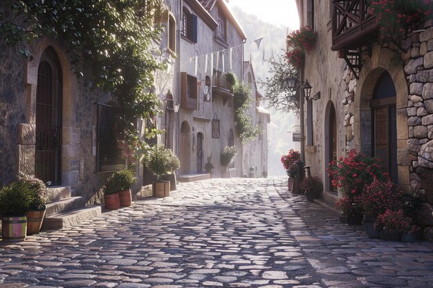 Foto una encantadora calle de adoquines en una ciudad histórica