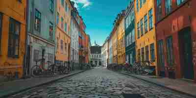 Foto la encantadora calle de adoquines de copenhague con coloridos edificios