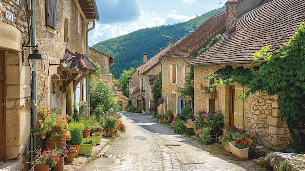 Encantadora calle estrecha en un pequeño pueblo francés con casas de piedra flores y camino de adoquines