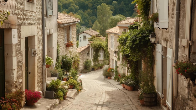 Encantadora calle estrecha en un pueblo francés con cabañas de piedra flores y camino de adoquines