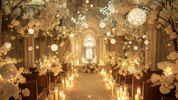 Una encantadora capilla de bodas decorada con flores blancas y velas.