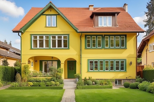 Encantadora casa amarela com janelas de madeira e jardim gramado verde