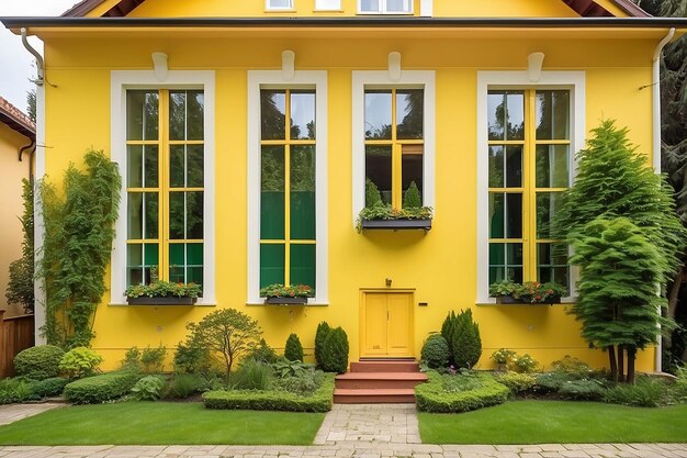 Encantadora casa amarela com janelas de madeira e jardim gramado verde