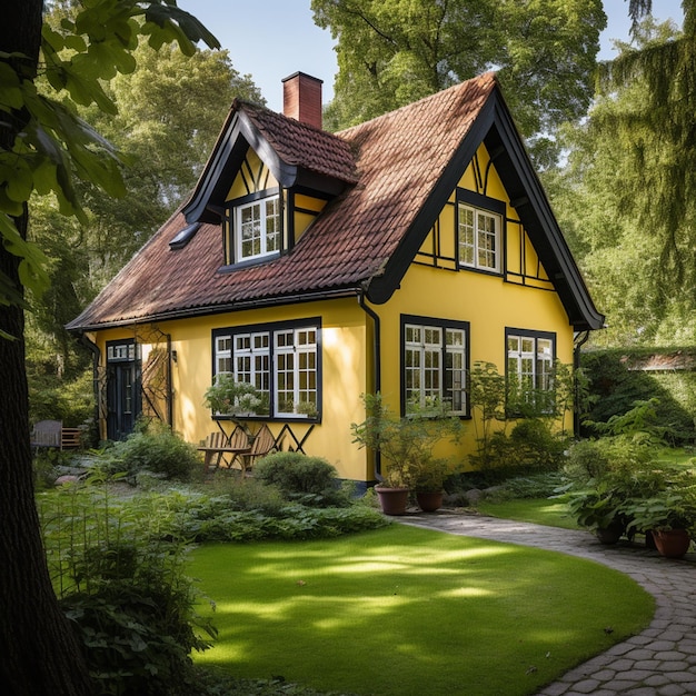 Encantadora casa amarilla con ventanas de madera y jardín de hierba verde