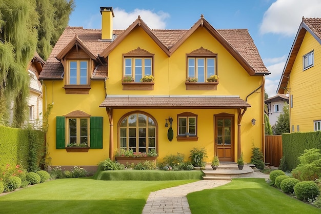 Encantadora casa amarilla con ventanas de madera y jardín verde