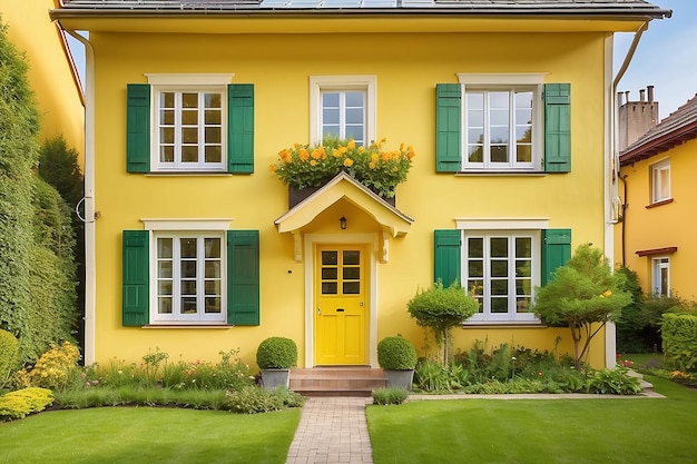Encantadora casa amarilla con ventanas de madera y jardín verde
