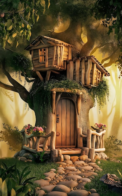 Encantadora casa en el árbol en el bosque exuberante Canopy generada por la IA