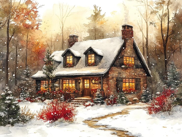 Encantadora casa de invierno decorada para la Navidad Exterior nevado