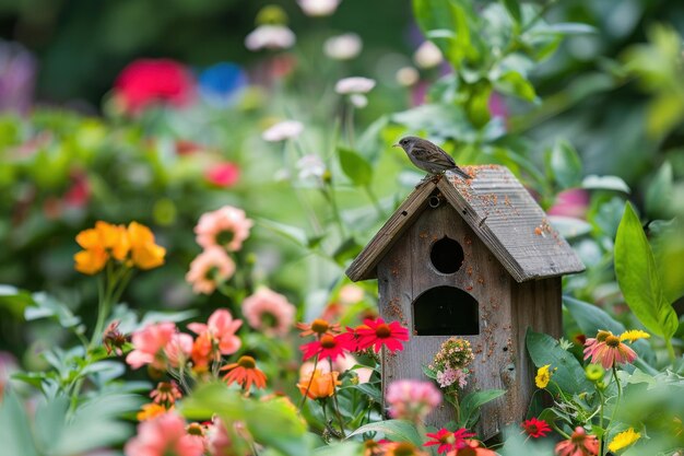 Foto una encantadora casa de pájaros está anidada entre las flores del jardín