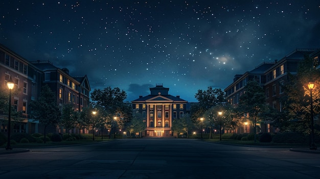 Encantadora cena noturna do campus universitário iluminado