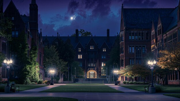 Encantadora cena noturna no campus da universidade com a torre do relógio em fundo