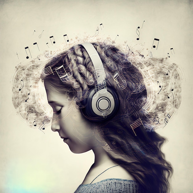Encantadora chica con auriculares con notas musicales en doble exposición