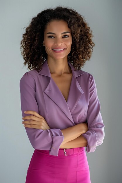 Una encantadora dama brasileña de unos treinta años con una blusa lila y una falda rosa con los brazos cruzados en el pecho sonriendo a la cámara contra un fondo neutral