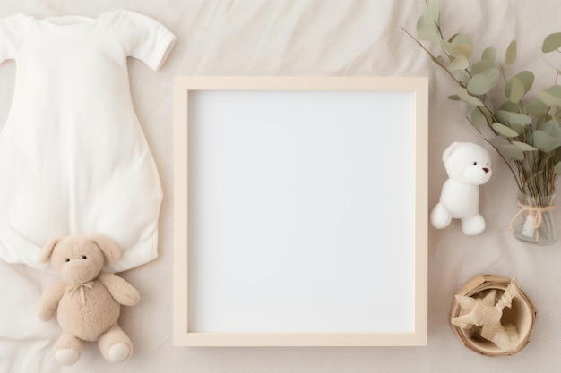 Encantadora decoración infantil muestra la llegada de tu bebé con una maqueta de marco de madera cuadrado en blanco y mucho ruido