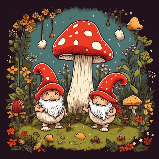 Encantadora delicia del bosque Arte lineal caprichoso con lindos gnomos y hongos