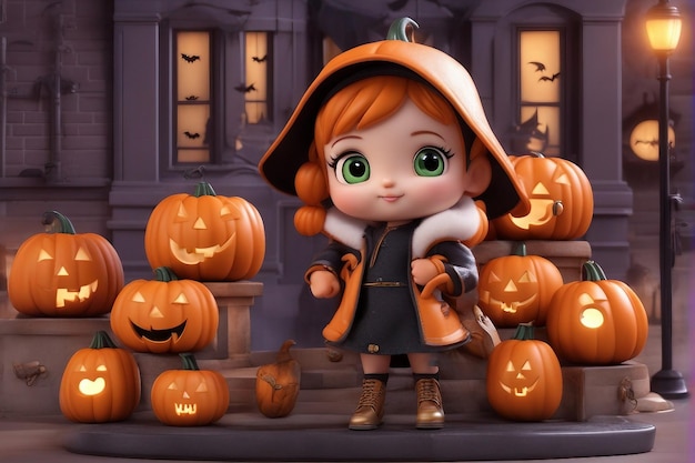 Encantadora escapada de otoño Descubra la ciudad de Halloween con una linda chica de dibujos animados en 3D y su calabaza