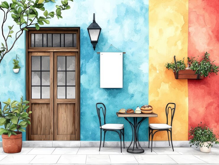 Encantadora escena de café con paredes coloridas puerta de madera mesa de bistro y plantas ideal para mostrar fuera