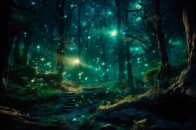 Encantadora escena forestal iluminada por una mística luz esmeralda Fondo exterior de cuento de hadas