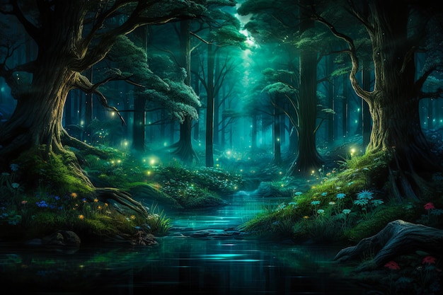 Encantadora escena forestal iluminada por una mística luz esmeralda Fondo exterior de cuento de hadas