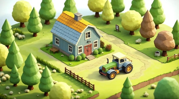 Encantadora escena de una granja con tractor y un paisaje verde exuberante