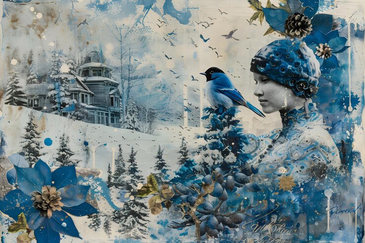Encantadora escena de invierno con una mujer serena y un pájaro azul en medio de un paisaje nevado