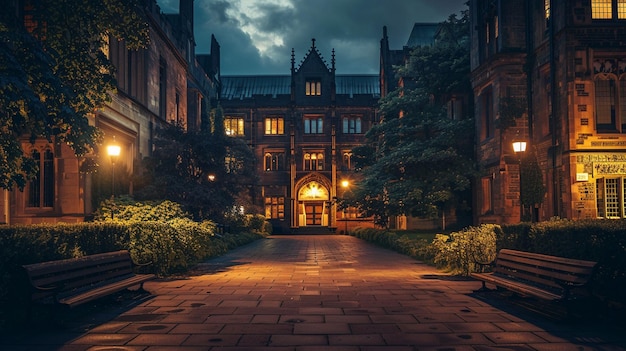 Encantadora escena nocturna del paseo iluminado del campus universitario
